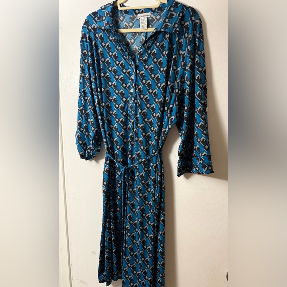 Jessica London Blue & Black Geometric Button-Front Dress